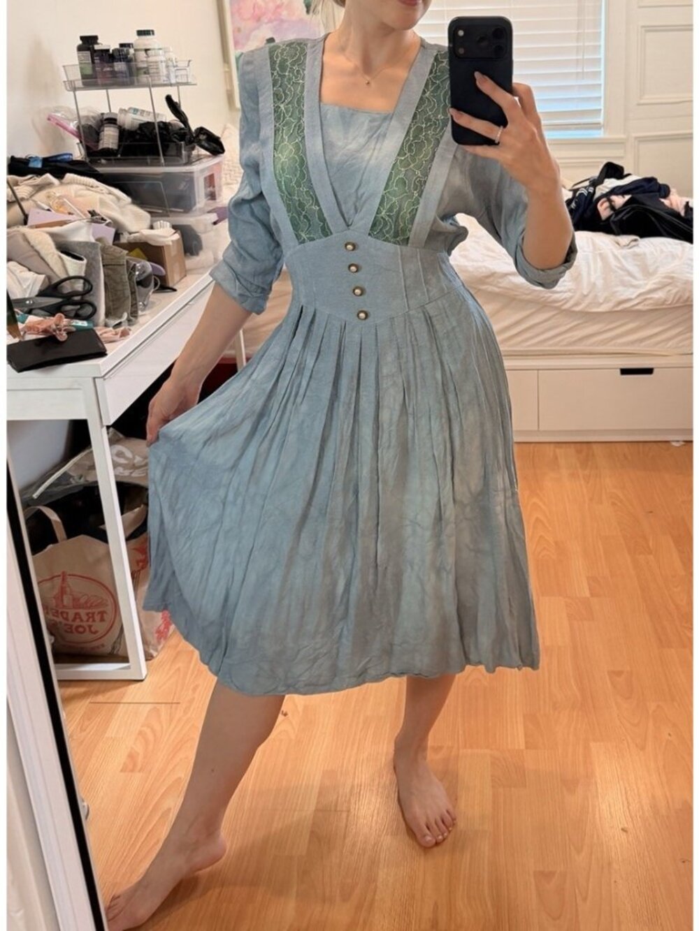 Cottage Milkmaid Dress Blue Green Dress Small